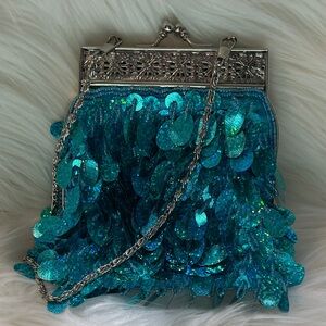 Lake Shore Drive Teal Sequin Evening Bag with Silver Frame